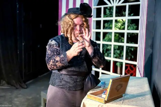 In the City Repertory Theatre production of “Charley’s Aunt, Beau Wade plays Lord Fancourt Babberly – who masquerades as the title character. (Mike Kitaif)