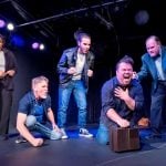 The ins and outs of scoring the first place in line are explored in “Line,” a 1967 one-act play by Israel Horovitz. The City Repertory Theatre production stars, from left: Phillipa Rose as Molly, Christopher Nelson as Fleming, Xavier Torres as Dolan, Beau Wade as Stephen and Danno Waddell as Arnall. Photo by Mike Kitaif