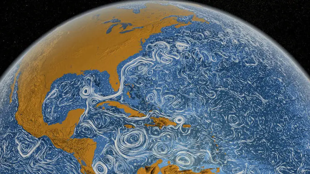 The Loop Current runs from the tropics through the Caribbean and into the Gulf of Mexico, then joins the Gulf Stream moving up the East Coast. (NASA/Goddard Space Flight Center Scientific Visualization Studio.)