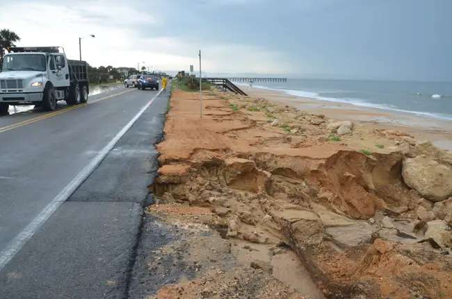 The latest washout from heavy rains in Flagler Beach closed a segment of A1A between South 11th and 13th streets this afternoon. (c FlaglerLive)