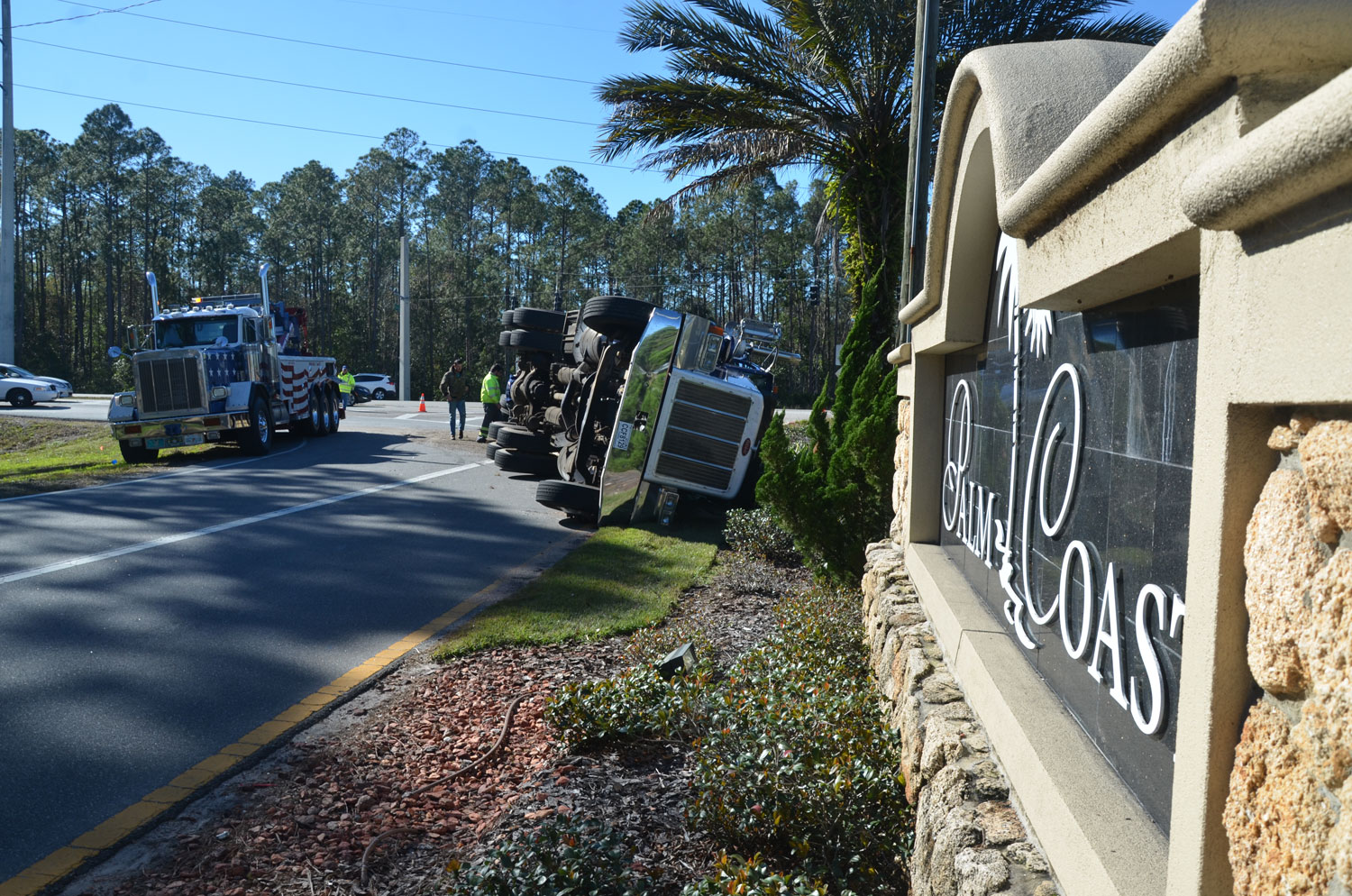 Welcome to Palm Coast: the semi overturned at the intersection of U.S. 1 with Palm Coast Parkway. (c FlaglerLive)