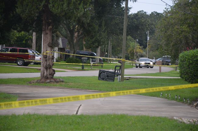 The scene on Westford Lane this morning, where deputies were maintaining a no-go zone. (c FlaglerLive)