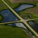 Roads divide what once was a larger wetland into four smaller pools in east-central North Dakota.