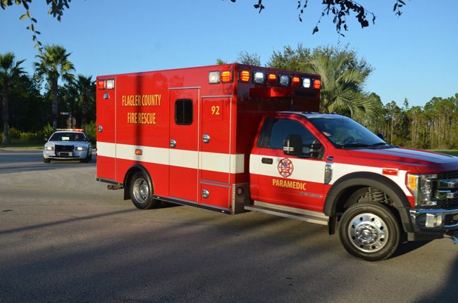 The Flagler County Fire Rescue unit taking Ricky Wheeler to Florida Hospital Flagler at 6:41 p.m. (c FlaglerLive)