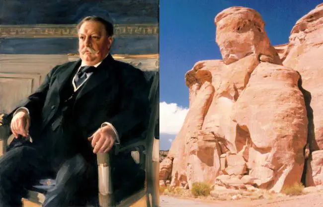 William Howard Taft in his official White House portrait, 1911, and in his sculpted portrait at Colorado National Monument. 