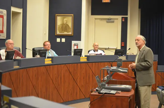 It's their books now: Bunnell City Manager Larry Williams, when he was asking for the job last fall, before Commissioners Bill Baxley, John Rogers and Elbert Tucker. (© FlaglerLive)