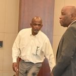 Jermaine Williams Sr., left, who faces the death penalty, with one of his attorneys today, Junior Barrett during jury selection. (© FlaglerLive)