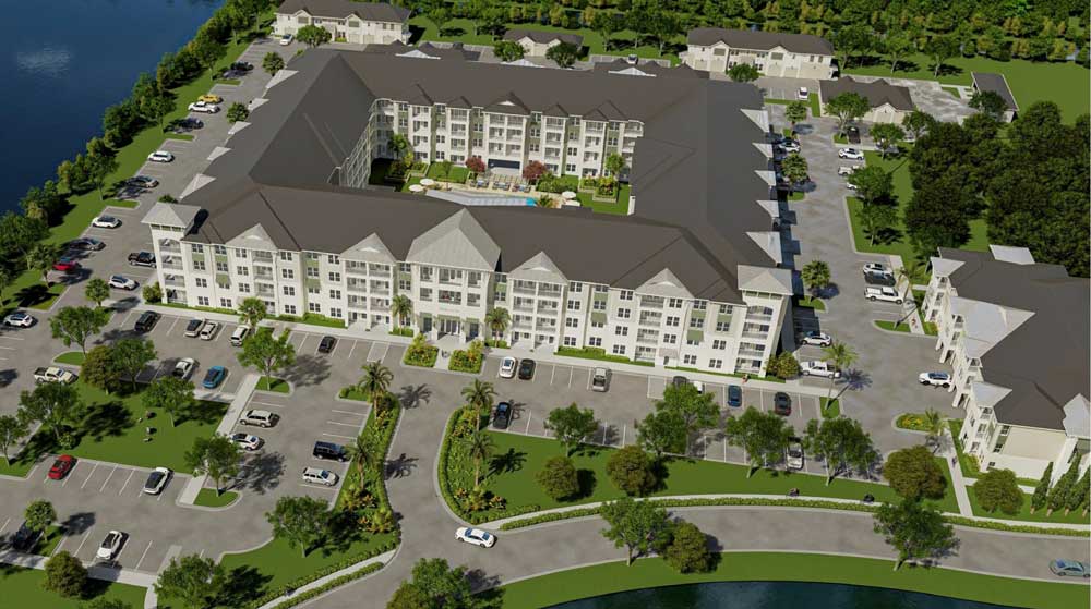 A rendering of the central building, among five, in the Wilton apartment complex planned for Town center in palm Coast. That large building will have 201 of the planned 251 apartments. (Crest)