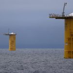 A row of monopiles that will be the base for offshore wind turbines, in the Atlantic Ocean off the coast of Martha’s Vineyard, Mass.