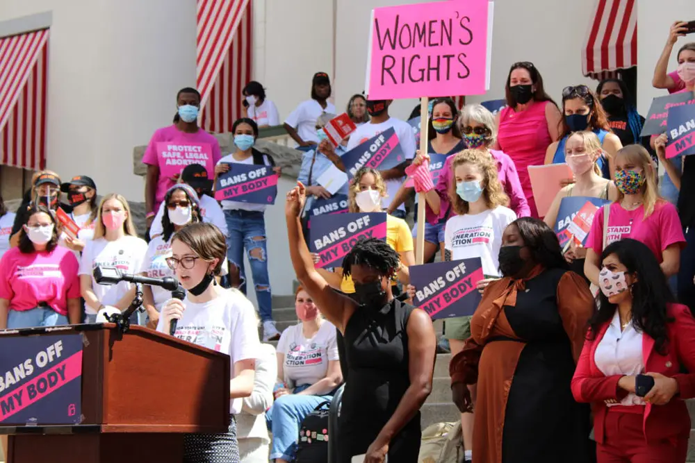 Advocates for reproductive rights and some Florida lawmakers gather at the Old Capitol building steps to rally against limitations on abortion access. Sept. 21, 2021. (Danielle J. Brown)