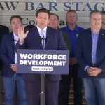 Gov. Ron DeSantis appeared on April 8 in Port St. Joe to hand out infrastructure grants and campaign for reelection. (Facebook)