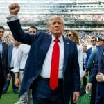 President Donald Trump appears at a FIFA Club World Cup 2025 match at New Jersey’s MetLife Stadium on July 13, 2025, with FIFA president Gianni Infantino standing to the right.