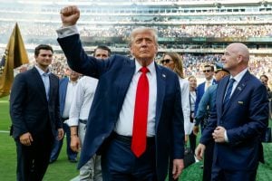 President Donald Trump appears at a FIFA Club World Cup 2025 match at New Jersey’s MetLife Stadium on July 13, 2025, with FIFA president Gianni Infantino standing to the right.