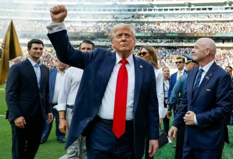 President Donald Trump appears at a FIFA Club World Cup 2025 match at New Jersey’s MetLife Stadium on July 13, 2025, with FIFA president Gianni Infantino standing to the right.