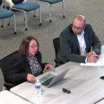 School District CFO, left, and Ryan Diesing, the district's IT director, at a School Board workshop today. (© FlaglerLive via YouTube)