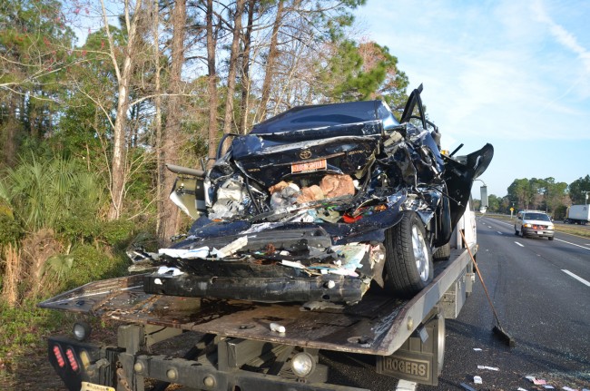 The Toyota, seen from the rear, after it was disengaged from the Ford. Click on the image for larger view. (© FlaglerLive)