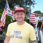 Eric Yonce, seen here in Palm Coast at the October 18 No Kings rallly, is one of four Democratic candidates hoping to challenge U.S. Rep. Randy Fine in the race for Congressional District 6. (© FlaglerLive)