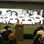From youth deputy to sheriff over 50 years: Sheriff Rick Staly as he addressed an audience at his commemoration of 50 years in law enforcement, which included a few digs into the archives. (© FlaglerLive)