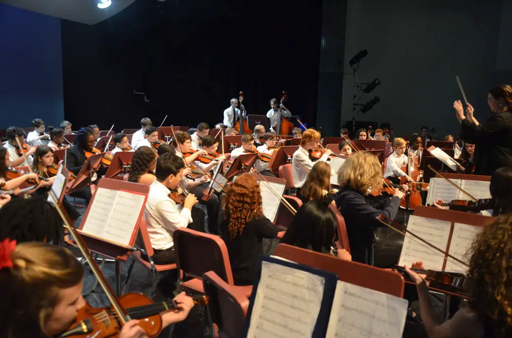 The Flagler Youth Orchestra in action in February 2020, its last public concert before the pandemic. It returns later this month. (© FlaglerLive)