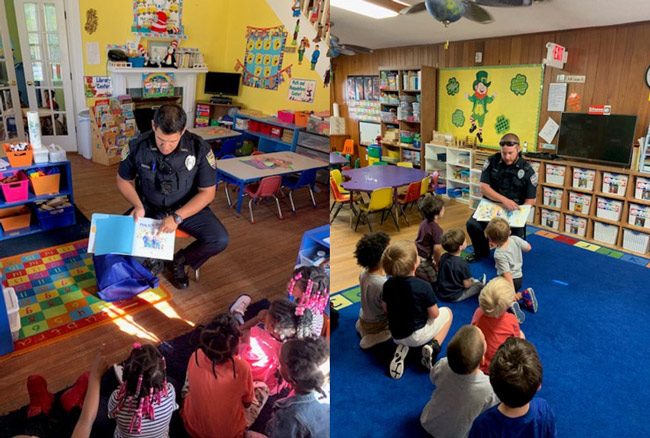 Officer Zapata, left, and ffficer Hirschi read to a class at the Early Learning Coalition of Flagler and Volusia.