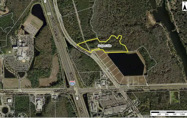 The 12 acres that would be rezoned for apartments, outlined in yellow. Click on the image for larger view. 